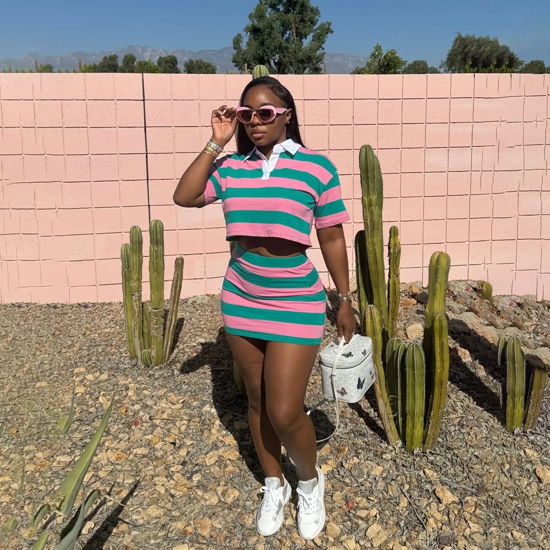 Striped Print Two Piece Set Women Casual Lapel Short Sleeved Polo Tshirt Skirt Two Piece Set Women