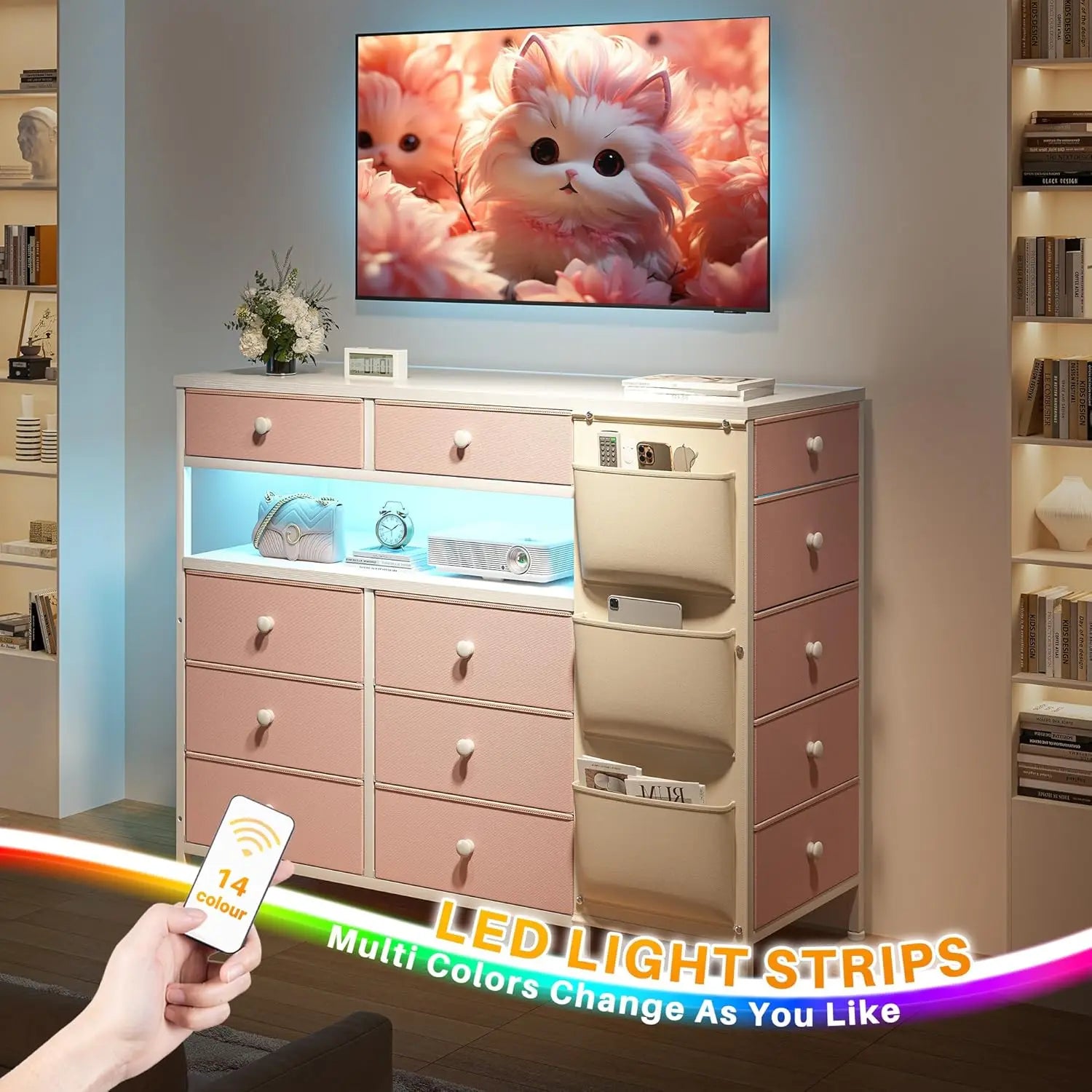 Pink Dresser For Bedroom With 13 Fabric Drawers And Led Lights, Closet Island With Drawers, Dressers & Chest Drawers