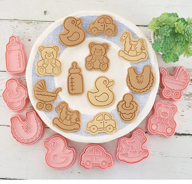 Cookie Cutters Plastic 3D Cute Cartoon Pressable Biscuit Mold Cookie Stamp Kitchen Baking Pastry Bakeware 8 Pcs/set