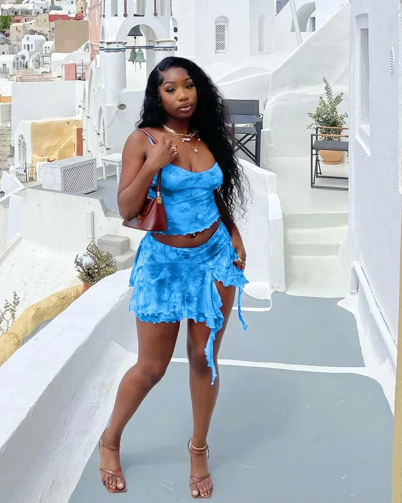 Women's Fashionable Mesh Printing Sexy Side Slit Mini Two Piece