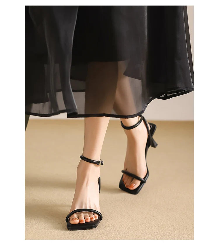 Women's High Heel Sandals Square Toe Thin Heels One-length Strip Open Toe Sandals