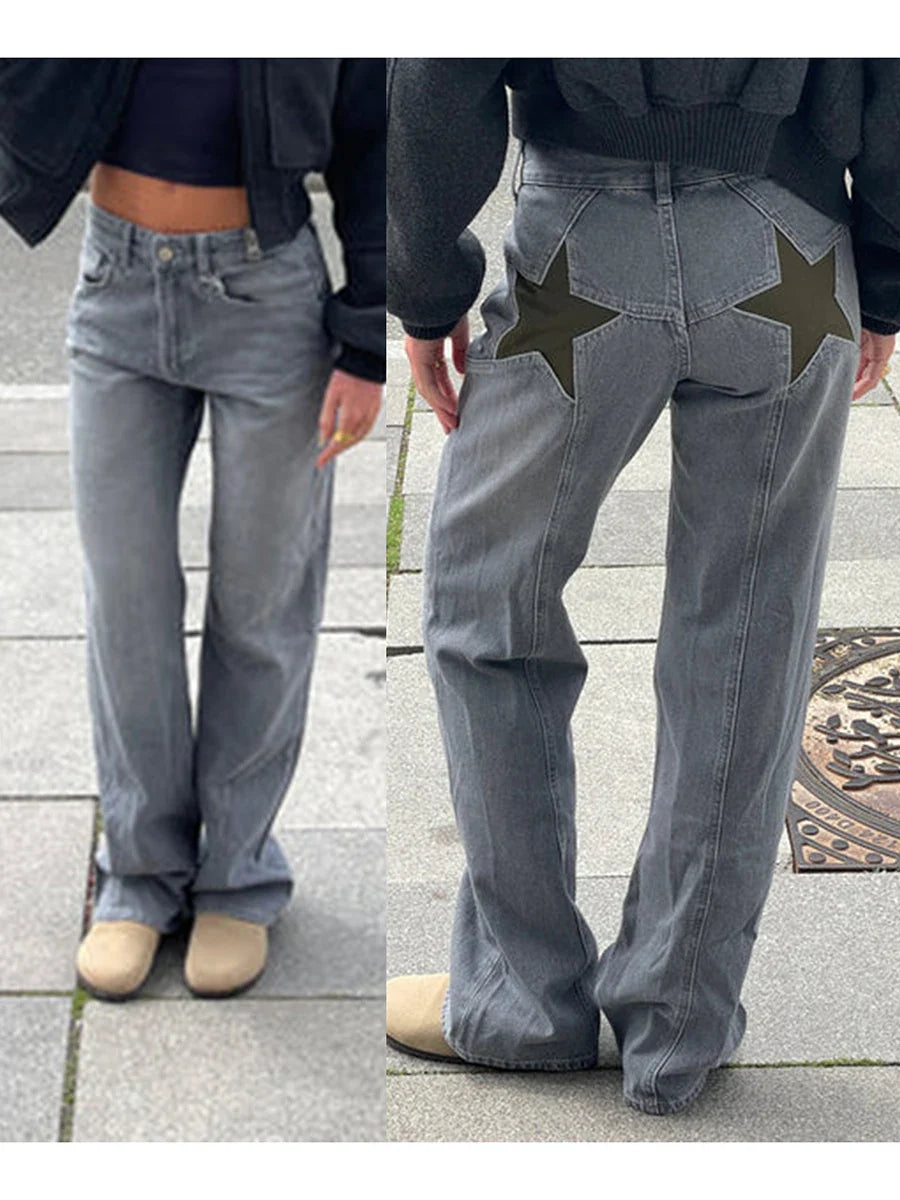 Women's Y2K Vintage Jeans Aesthetic Star Pattern Print Loose Straight Leg Denim Long Pants Casual Low Waist Trousers
