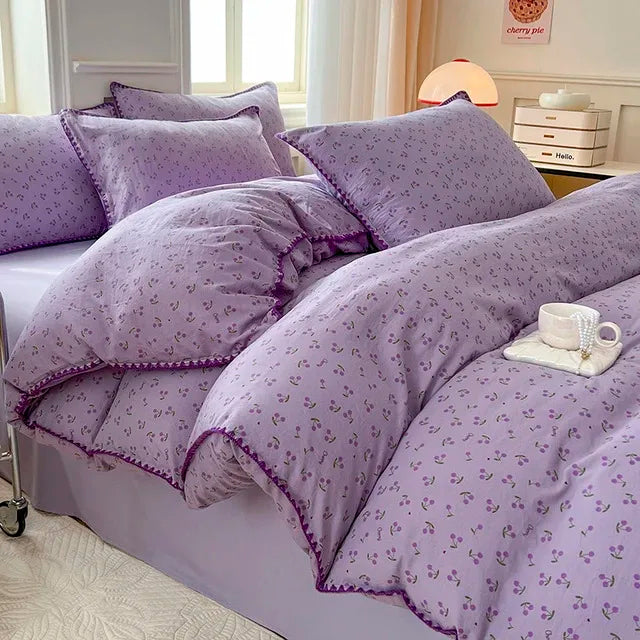Tulip Double Layer Yarn Quilt Cover Bed Sheet Pillowcase Bedding Set Girls Duvet Cover Set No Filler