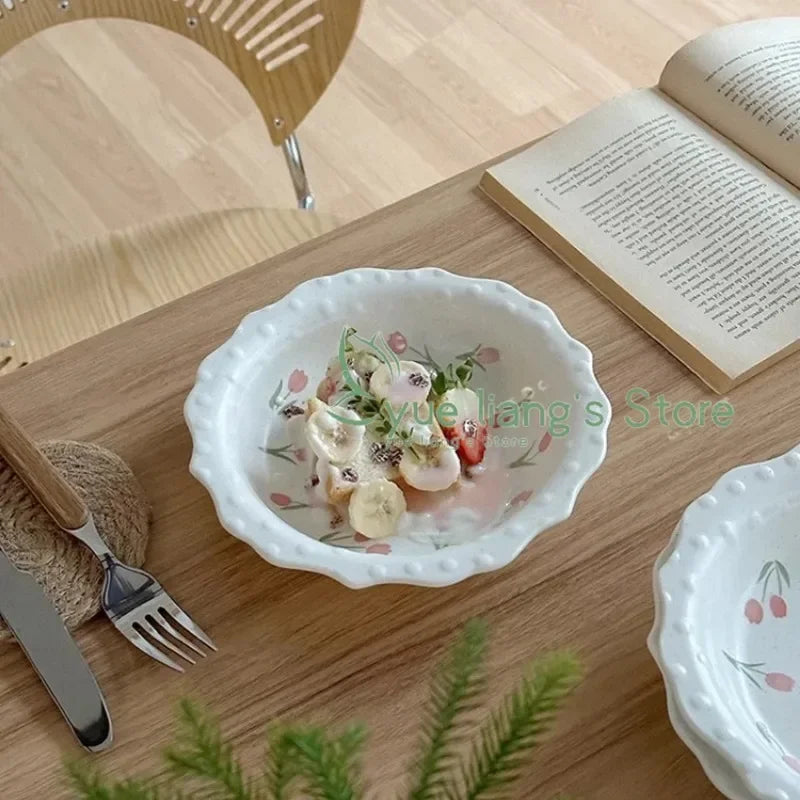 Tulip Wave Bead Point Plate, French Vintage Lace Underglaze Delicate  Dinner Entree Plate