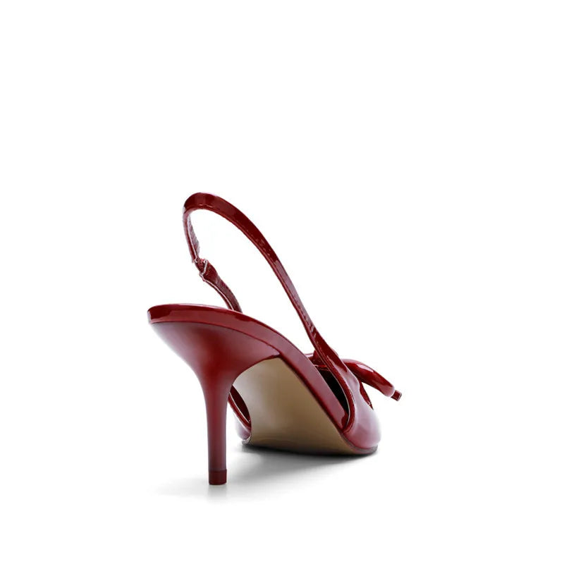 Sexy Women's Red Bow Pointed Toe Patent Leather Back Strap Stiletto Shoes