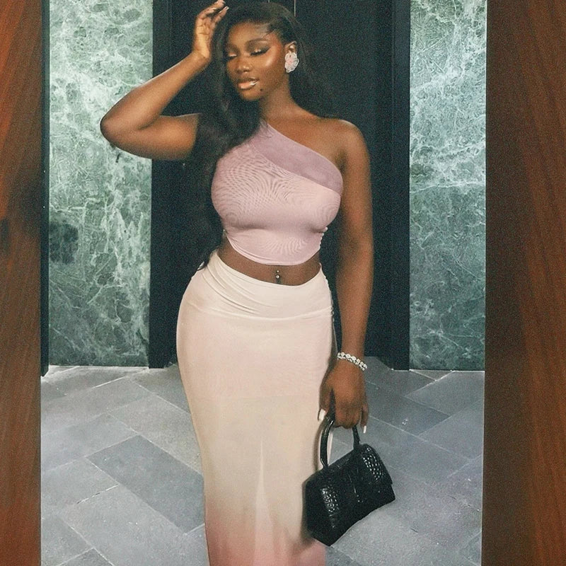 Gradient Women 2 Piece Set Elegant One-Shoulder Tank Tops+Double Deck Maxi Skirts Fashion Outfit