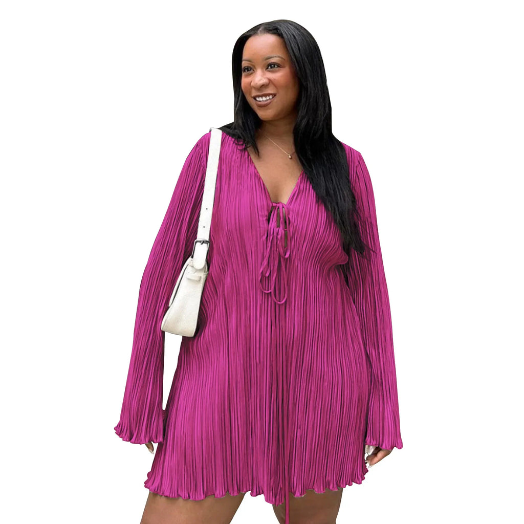 Long Sleeve Women V-neck Pleated Dress Casual Streetwear Plus Size Mini Dresses Party Casual