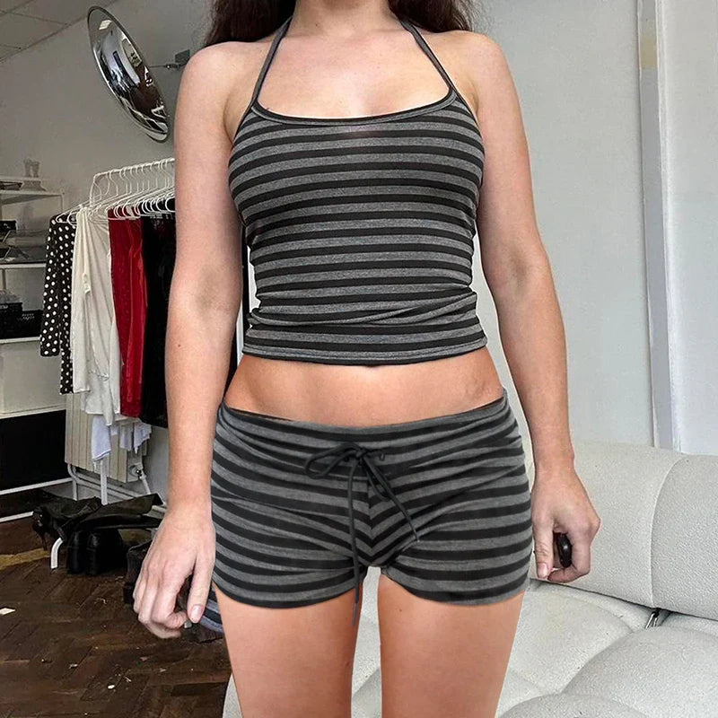 Striped Casual Backless Halter Camisole and Tiny Shorts Y2K Set Contrast Color Basic Two Piece Sets