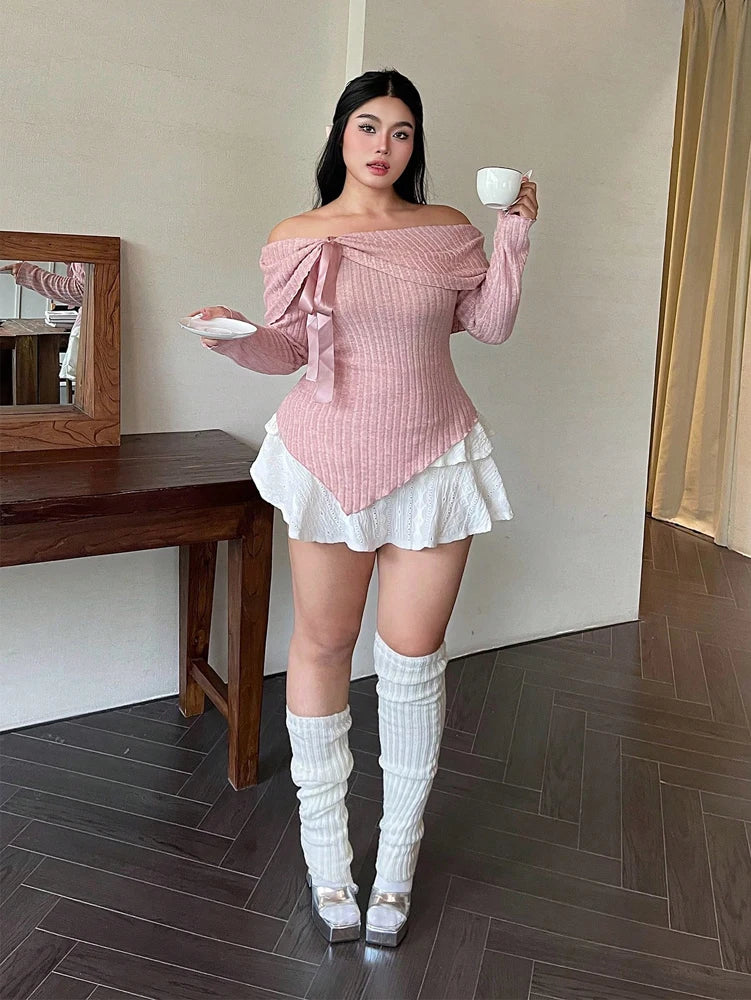 Plus Size Womens Solid Colour Strapless Long Sleeve Simple T Shirt Spring Daily Casual Dress Up Cute Wind Pure Colour Polyester