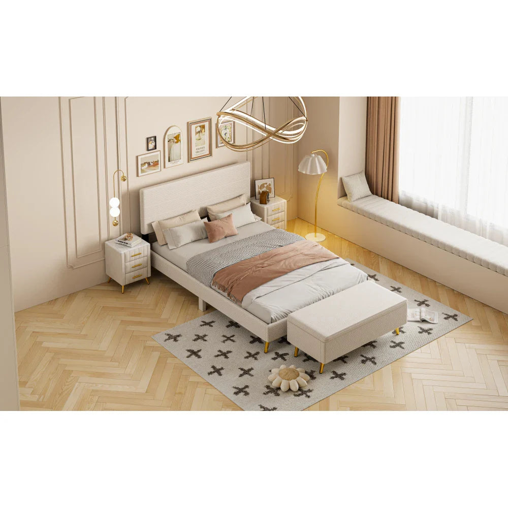 Pink 2 Pieces Bedroom Sets Queen Size Upholstered Bed Frame, Modern Corduroy Storage Ottoman