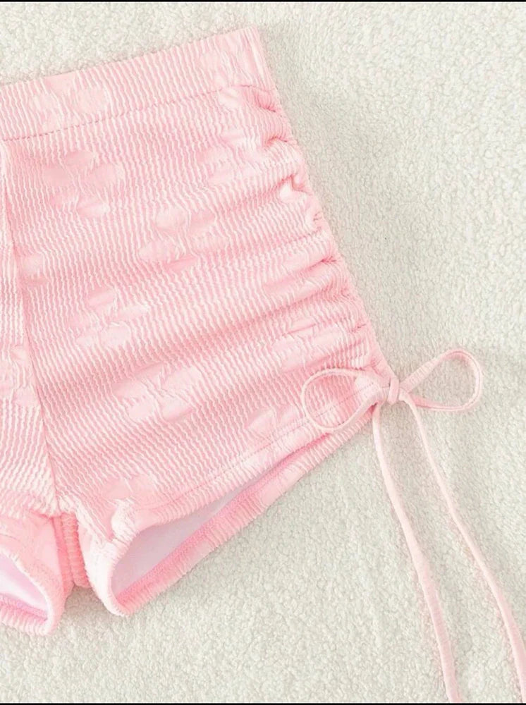 Pink Neck Hanging Sexy Pink Swimsuit 2 Piece Set Halter Bikini Top Knot On The Edge Bikini Bottom Bathing Suit