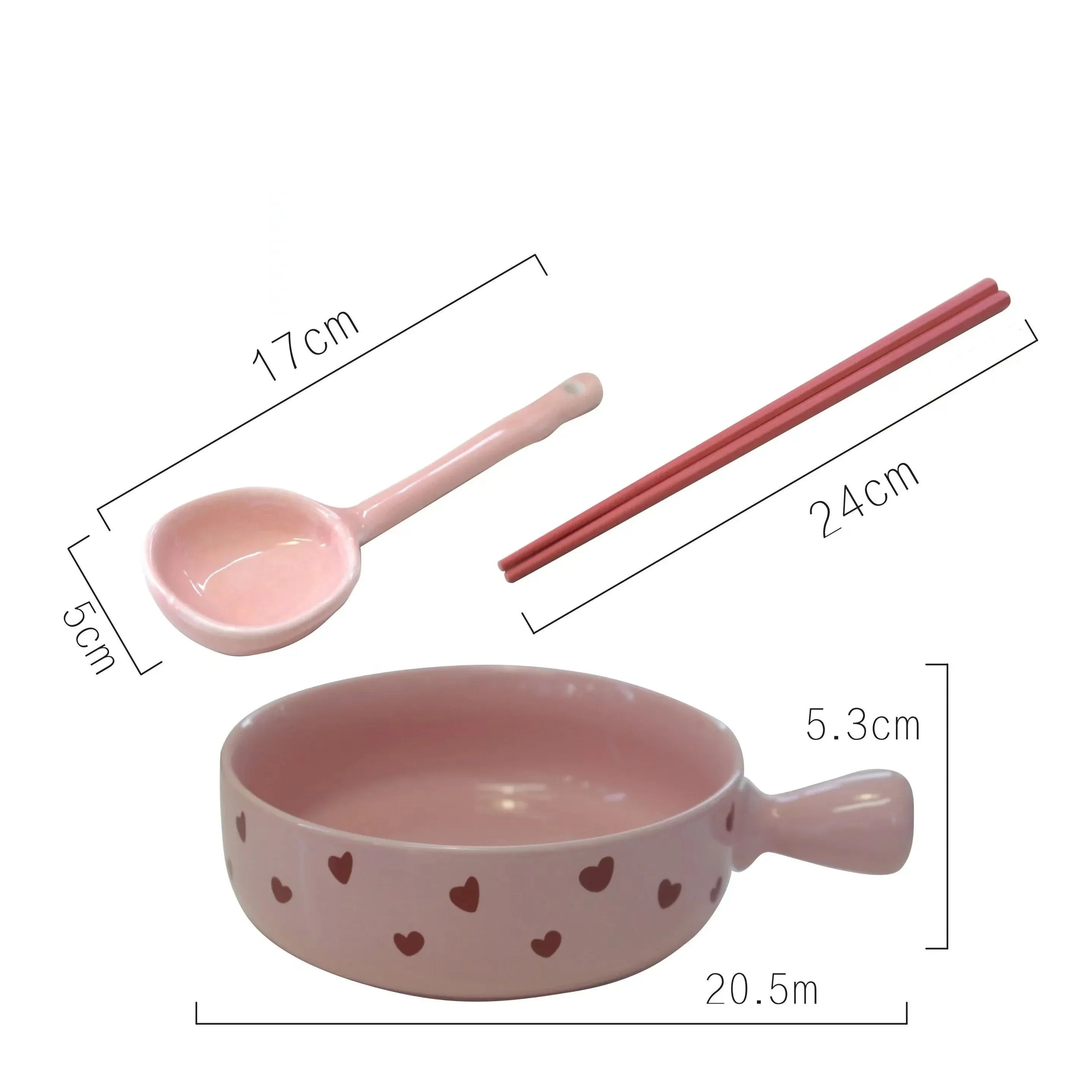 Pink Love Cutlery Set Rice Bowl Ceramic Double Ear Instant Noodle Soup Bowl Hand Paired Spoon Combination Noodle Bowl