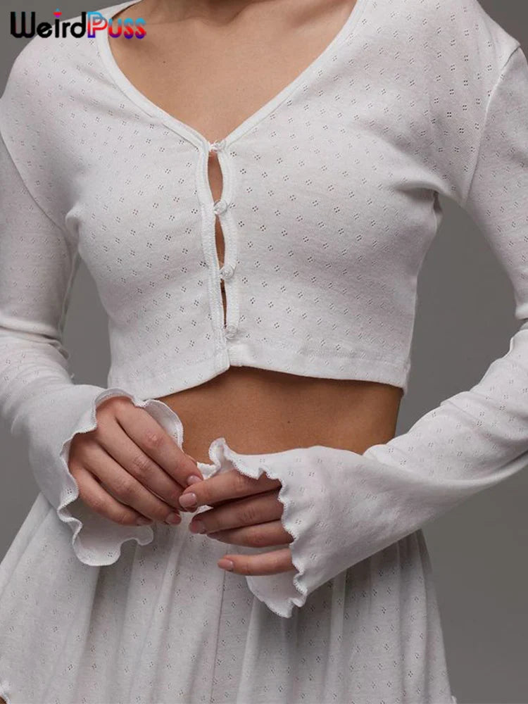 Solid 2 Piece Set Long Sleeve Single Breasted Crop Tops+Ruffles Simple Thin Mini Short Suit