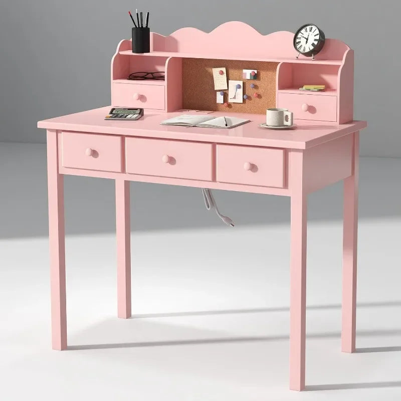 Pink NEW Home Office Furniture Writing Desk,Computer Work Station with Detachable Hutch, 5 Drawers Wood Guaranteed Authentic
