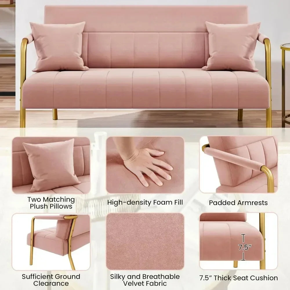 Modern Loveseat 2 Seater Sofa Luxurious Velvet Fabric Couch with Gold-Tone Metal Arms and Legs for Bedroom, Studio Pink 56.5" W