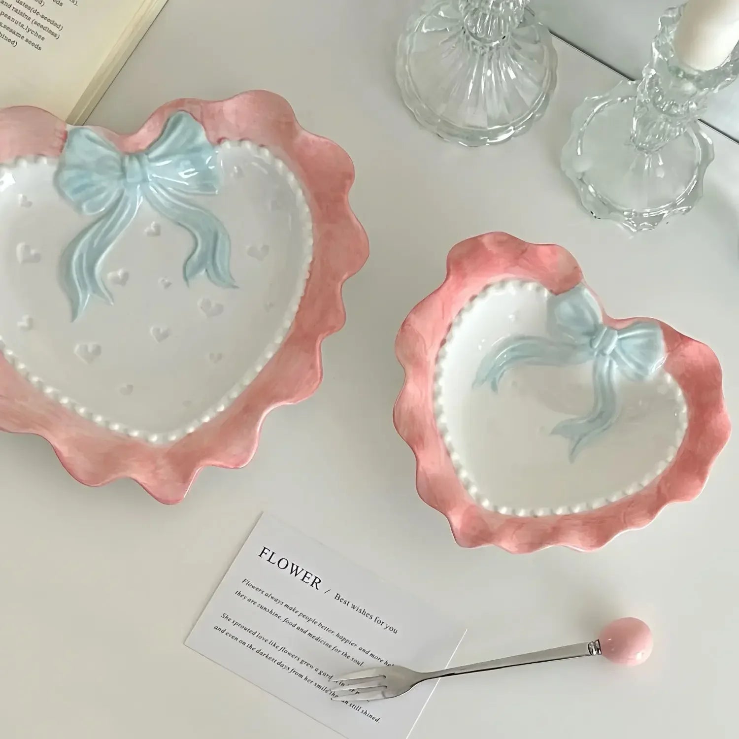 Heart-shaped Bow Wavy Edge Ceramic Dinnerware Set Ideal Cake Presentation,  Princess Pastry Platter, Lace-edged Rice Bowls