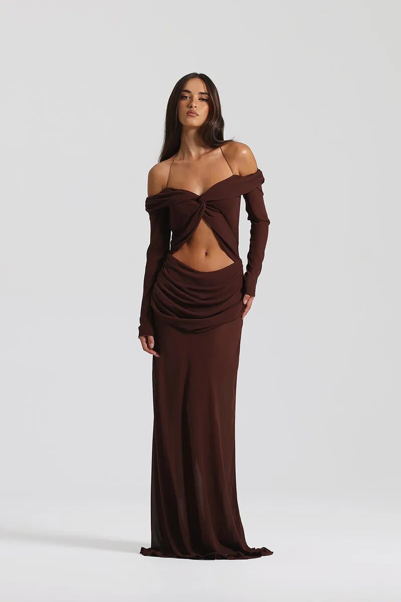 Hollow Out Ruched Sexy Maxi Dress Women Gown Halter Long Sleeve Strapless Backless Draped Slim Elegant Long Dress