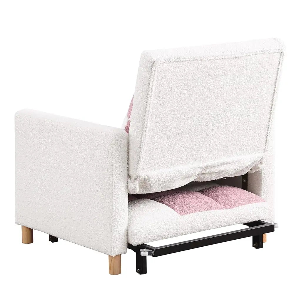 Pink Convertible Sleeper Chair, 3-In-1 Sleeper Chair Pull-Out Bed For Small Space, Soft Teddy Fabric, Sturdy Metal Frame
