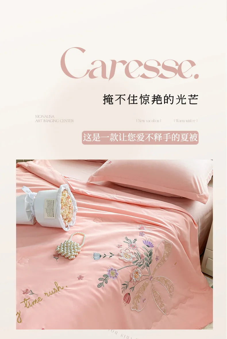 Super Soft Washed Cotton Three-Dimensional Flower Embroidered Summer Quilt Four-Piece Set