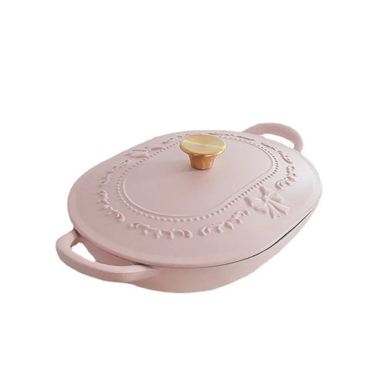 French Romantic Pink Kitchen Enamel Pot Embossed Elliptical Cast Iron Pots Home Stew Pot Grilled Fish Induction Cooker Soup Pots