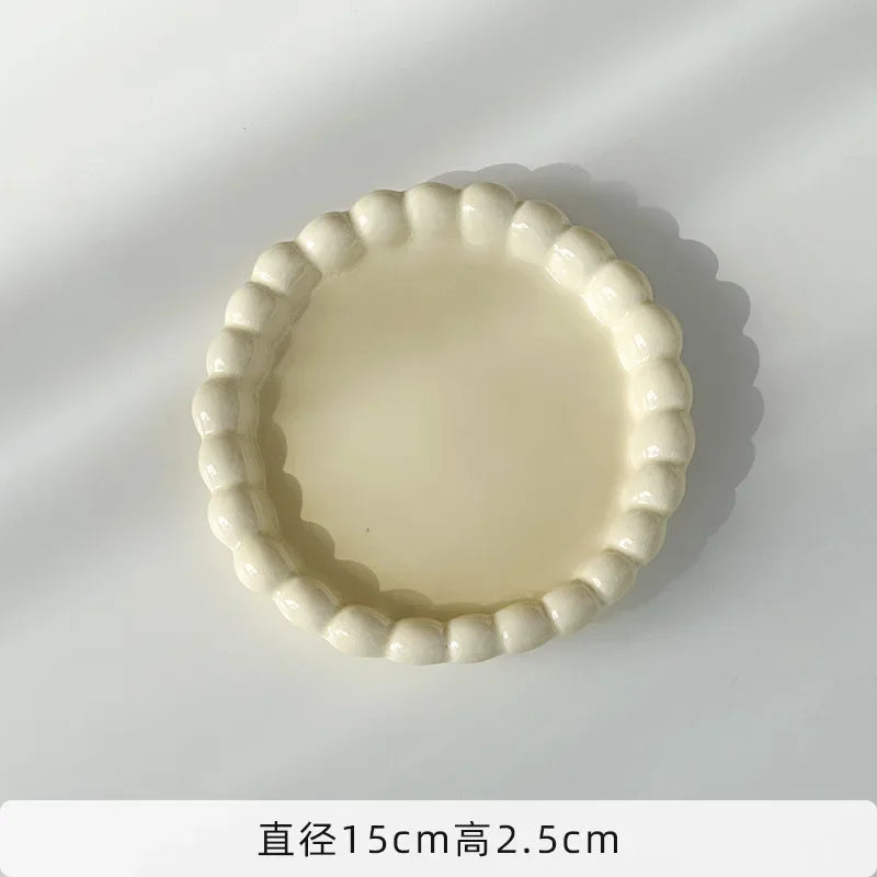 White/Yellow Beads Ceramic Plate Round Tableware Main Dish Decorative Plate Kitchen Utensils