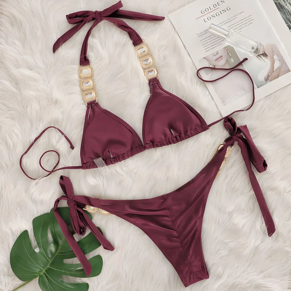 Sexy Rhinestone Bikini Set Women Luxury Pink Crystal Diamond Push Up Bandage Thong Swimsuit