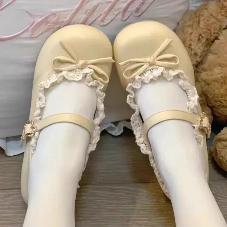 Original Lolita Flat Shoes with Butterfly Knot Soft Bottom Round Head Single Lined Women's High Heel
