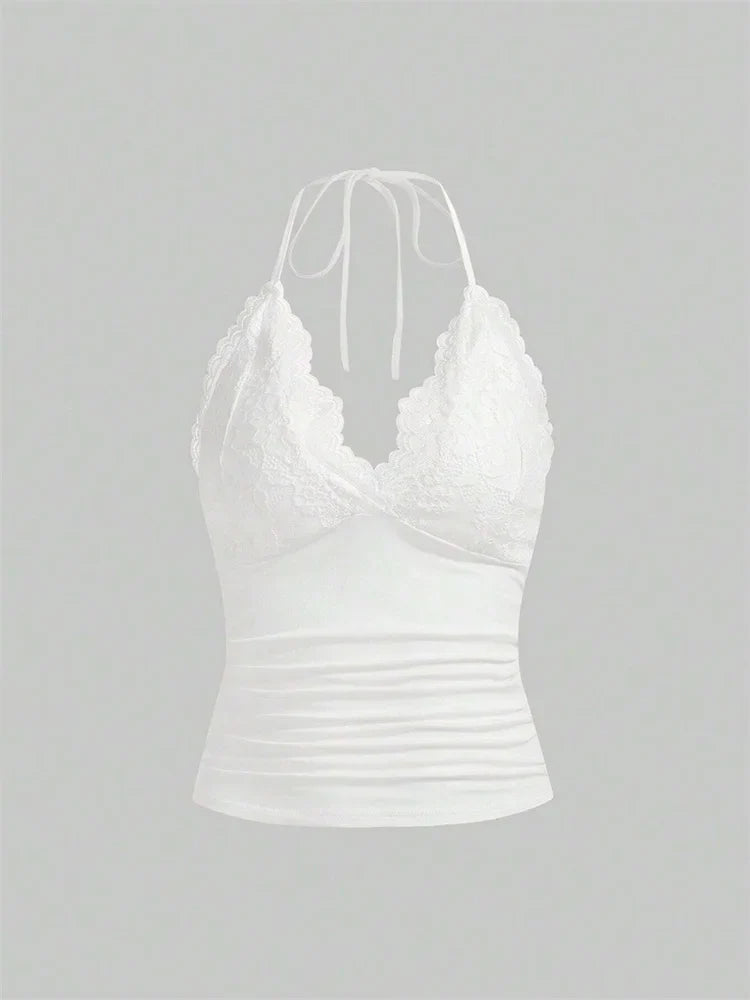 Goth Grunge Punk Black Lace Patchwork Halter Top Women Summer Solid Ruched Backless Sleeveless Tank Top Streetwear Y2K Clothes