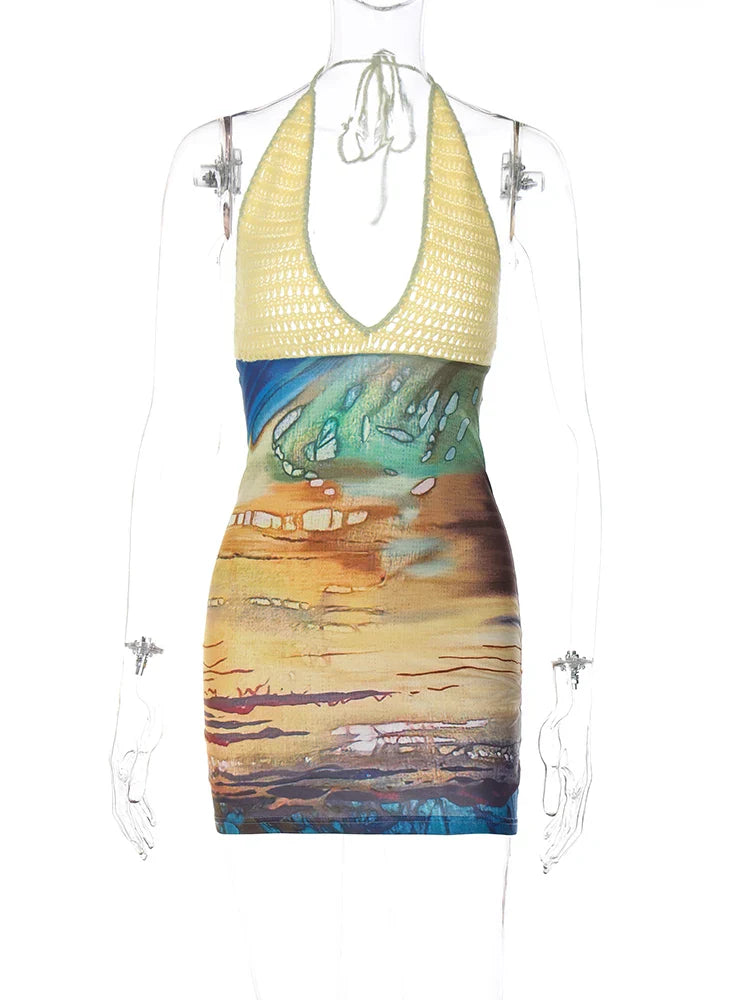 Halter Knitted Scenery Print Backless Lace Up Sexy Mini Dress Women Fashion Clothes