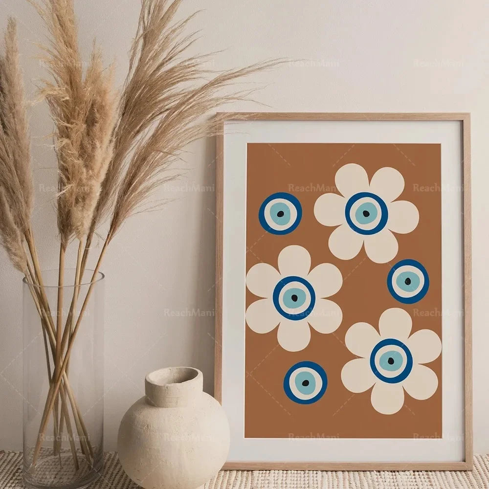 Traditional Evil Eye Flowers Pink Wall Art  MidCentury Modern Boho Decor Minimalist Digital Print Printable Canvas Painting