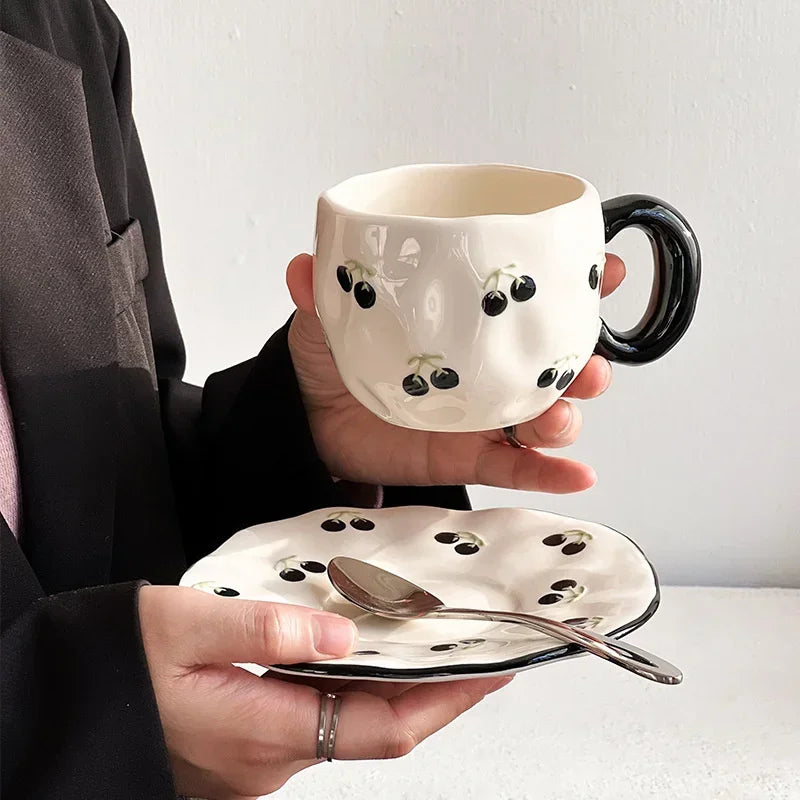 Ceramic Coffe Mug Hand Pinched Irregular Hand-painted Love Heart Cherry Pattern Cup with Saucer