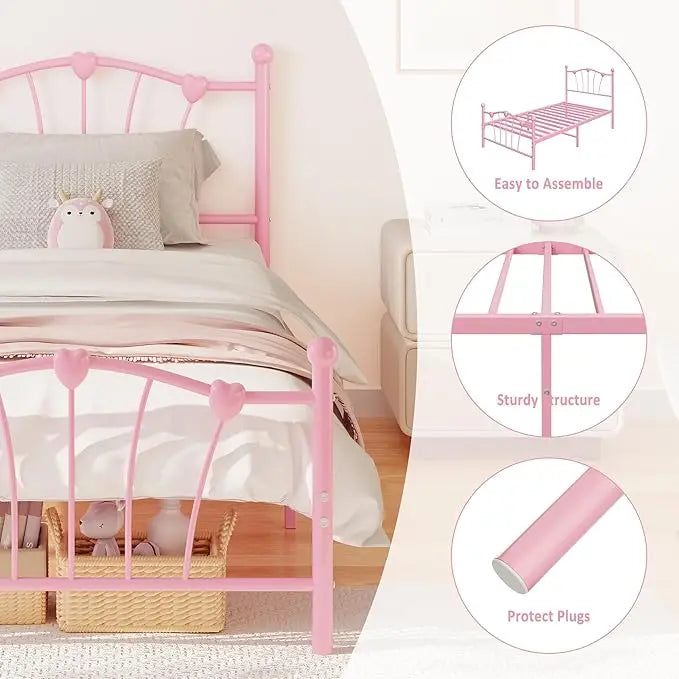 Twin Size Bed Frame, Heart Shaped Metal Bed Frame with Headboard and Footboard, Platform Bed Frame with Sturdy Slat Support