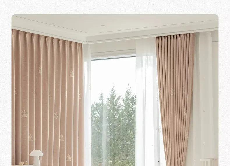 Pink Cartoon 3D Embroidered Rabbit Blackout Curtains for Living Room Bedroom Girls Room Sticky Chenille Drapes Home Decor