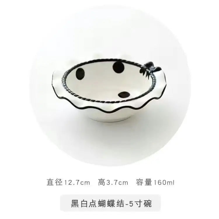 Heart-shaped Bow Wavy Edge Ceramic Dinnerware Set Ideal Cake Presentation,  Princess Pastry Platter, Lace-edged Rice Bowls