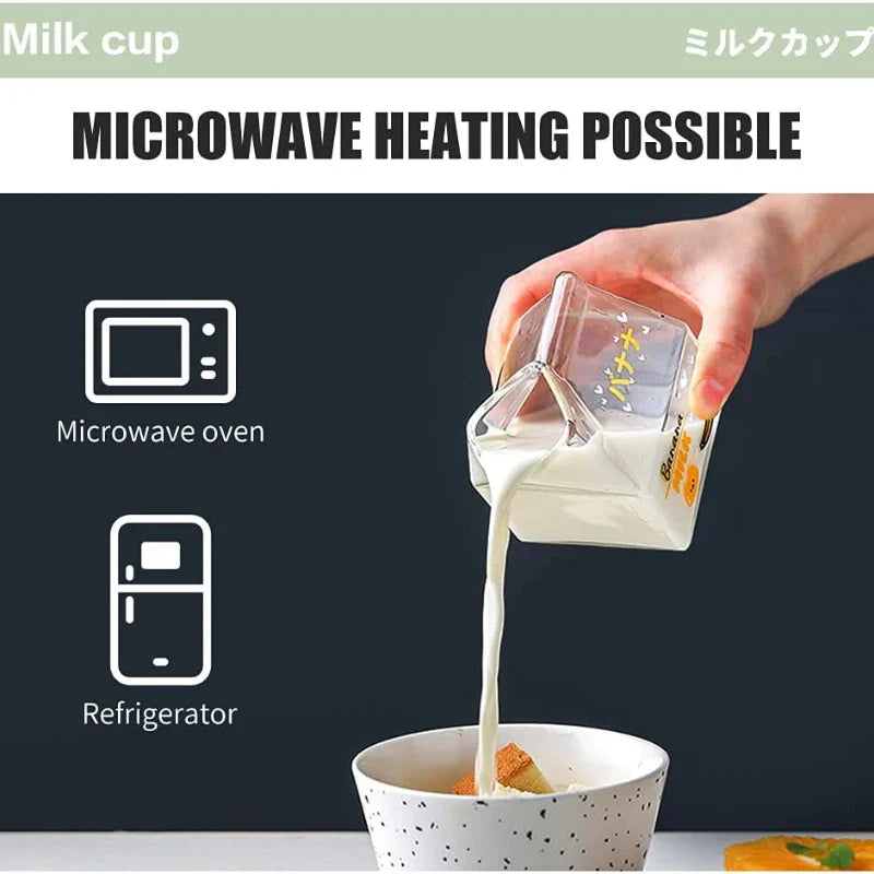Kawaii Square Milk Carton Glass Cup Heat Resistant Cute Strawberry Peach Breakfast Cup Pudding Cup 380ml