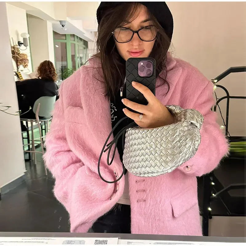 Fashion Woolen Jacket Women Winter V Neck Mohair Buttons Single Breasted Pockets Coat Ladies Office Street Casual Outerwear