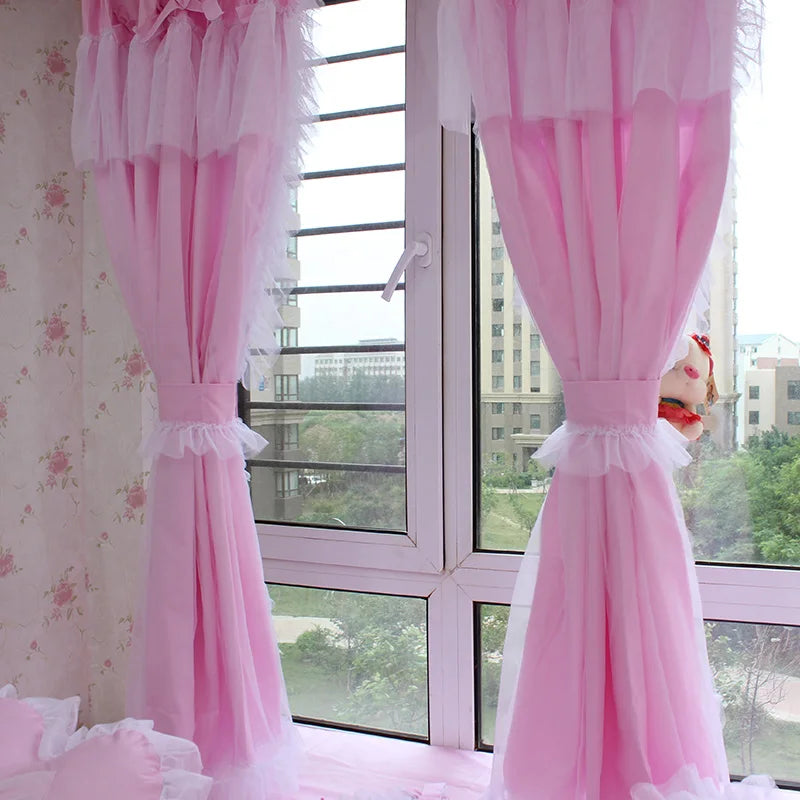 Princess Style Window Curtains, Cotton, Pink Lace, 2 Layer Curtain