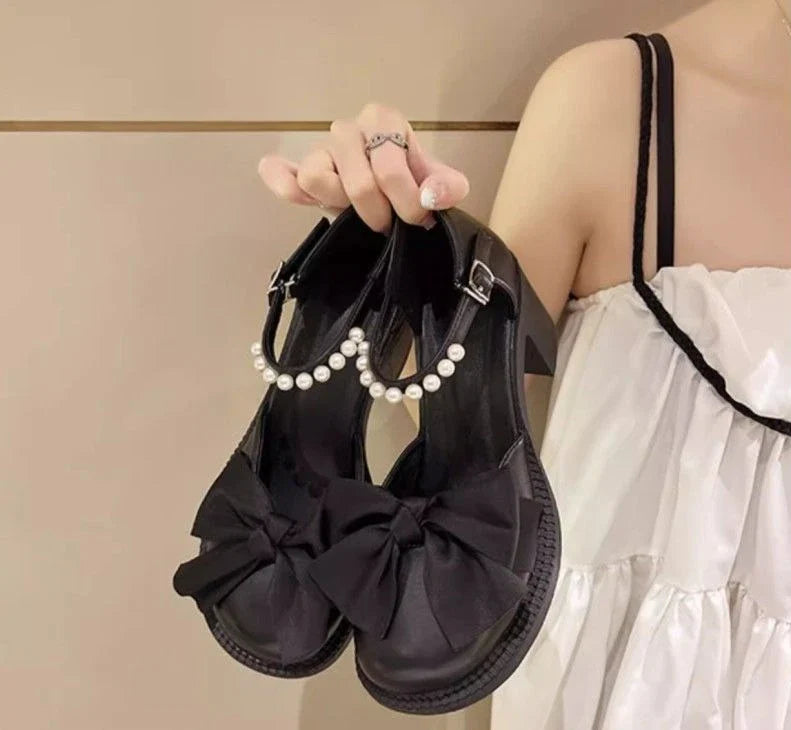 Ladies Luxury Bow Pearl With Medium Heels Mary Jane Shoes