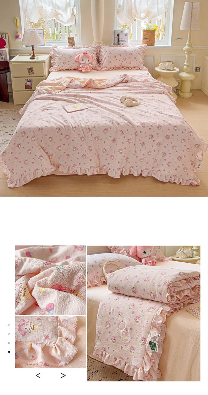 Korean Quilt with Lace and Ruffle Pure Cotton Patchwork Comforter for Summer Skin-Friendly Breathable Cooling Blanket for Home