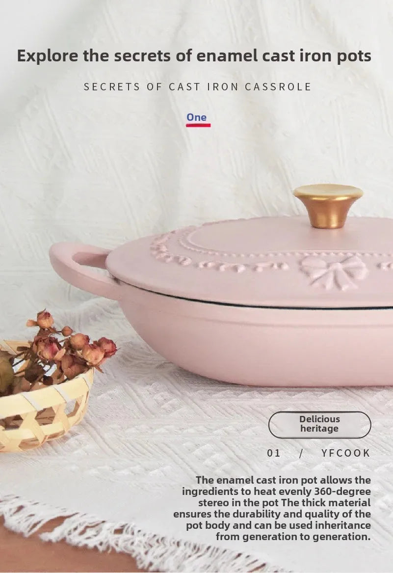 French Romantic Pink Kitchen Enamel Pot Embossed Elliptical Cast Iron Pots Home Stew Pot Grilled Fish Induction Cooker Soup Pots
