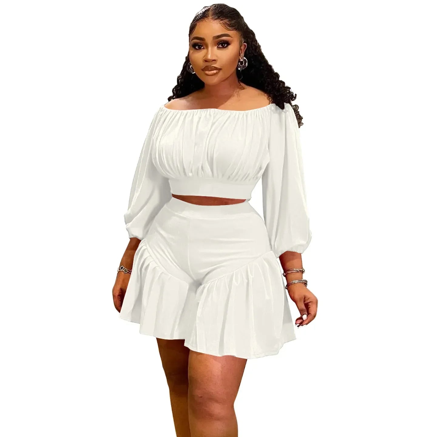 Plus Size Women's Set Long Sleeve Slash Neck T-Shirt and Shorts Summer Ruched Two 2 Piece Set Outfits Tracksuit