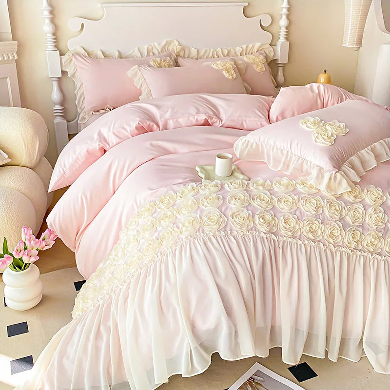 Soft Three-dimensional Flowers Embroidery Lace Ruffles Princess Bedding Set Duvet Cover With Pillowcases
