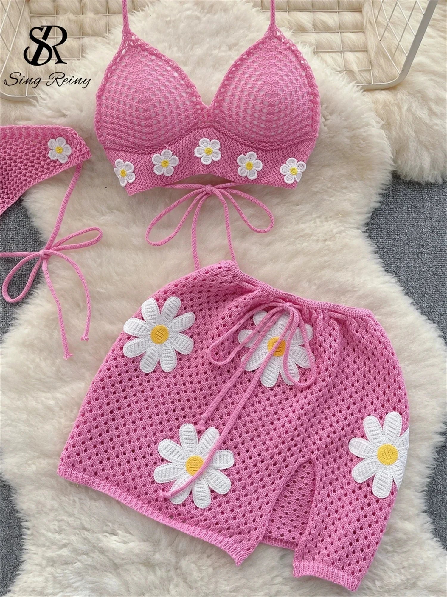 Hollow Out Knitted Suits Women Halter Lace Up Bow Backless Tank Top+Drawstring Split Mini Skirt Two Pieces Sets