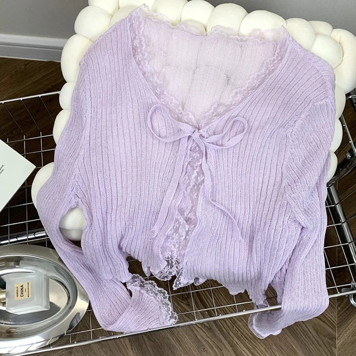 Lace Knitted Cardigans Long Sleeved Short Lace-Up Thin Shawl