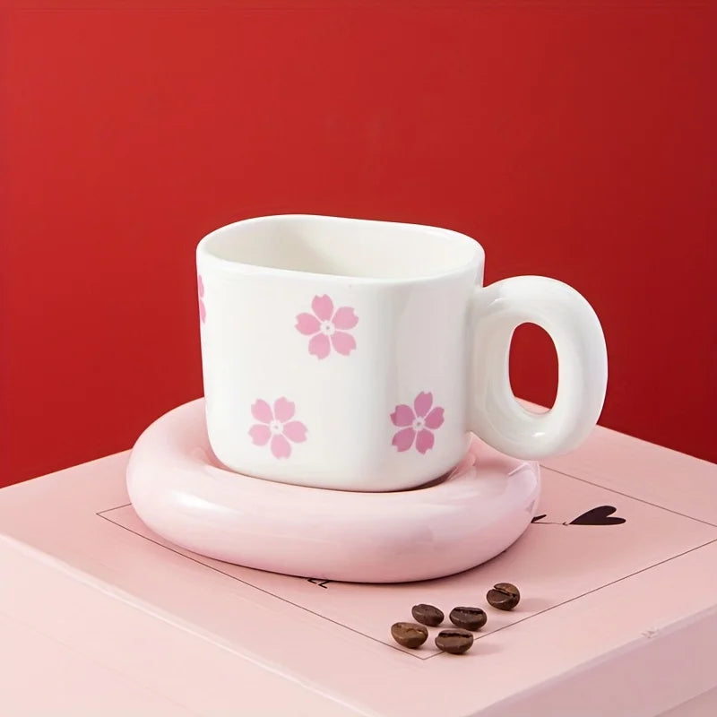 Cute Sakura Decal Plump Handle Cup with Plate Square