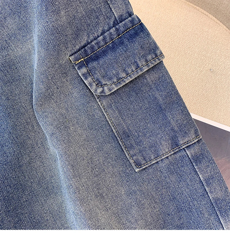 Street Style Plus Size Jeans Women's Casual Pants Gray All-In-One Overalls Multi-Pocket Commuter Denim Pants