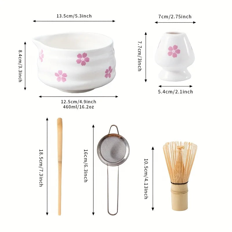 Hand-painted Cherry Blossom White Matcha Bowl with Matcha Whisk Set, Japanese Tea Set Includes Matcha Bowl with Spout