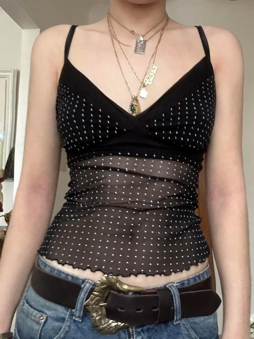 Polka Dot V-Neck Slim Fit Camisole Tops Causal Simple Basic