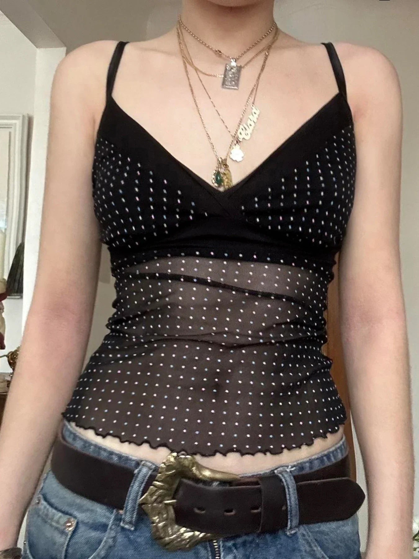 Polka Dot V-Neck Slim Fit Camisole Tops Causal Simple Basic