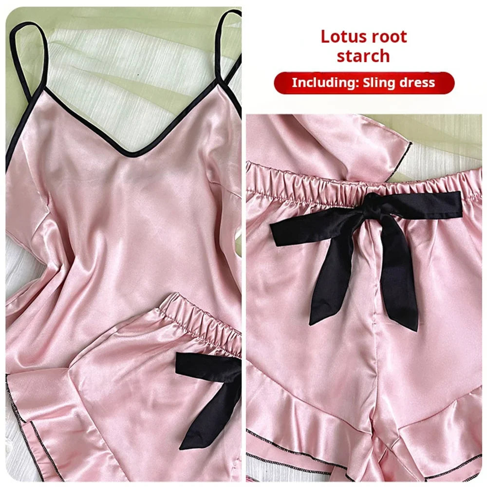 Women's Smooth Satin Pajamas V-Neck T-Shirt Ruffled Edges And Bow Shorts Simple And Breathable Pajama Set